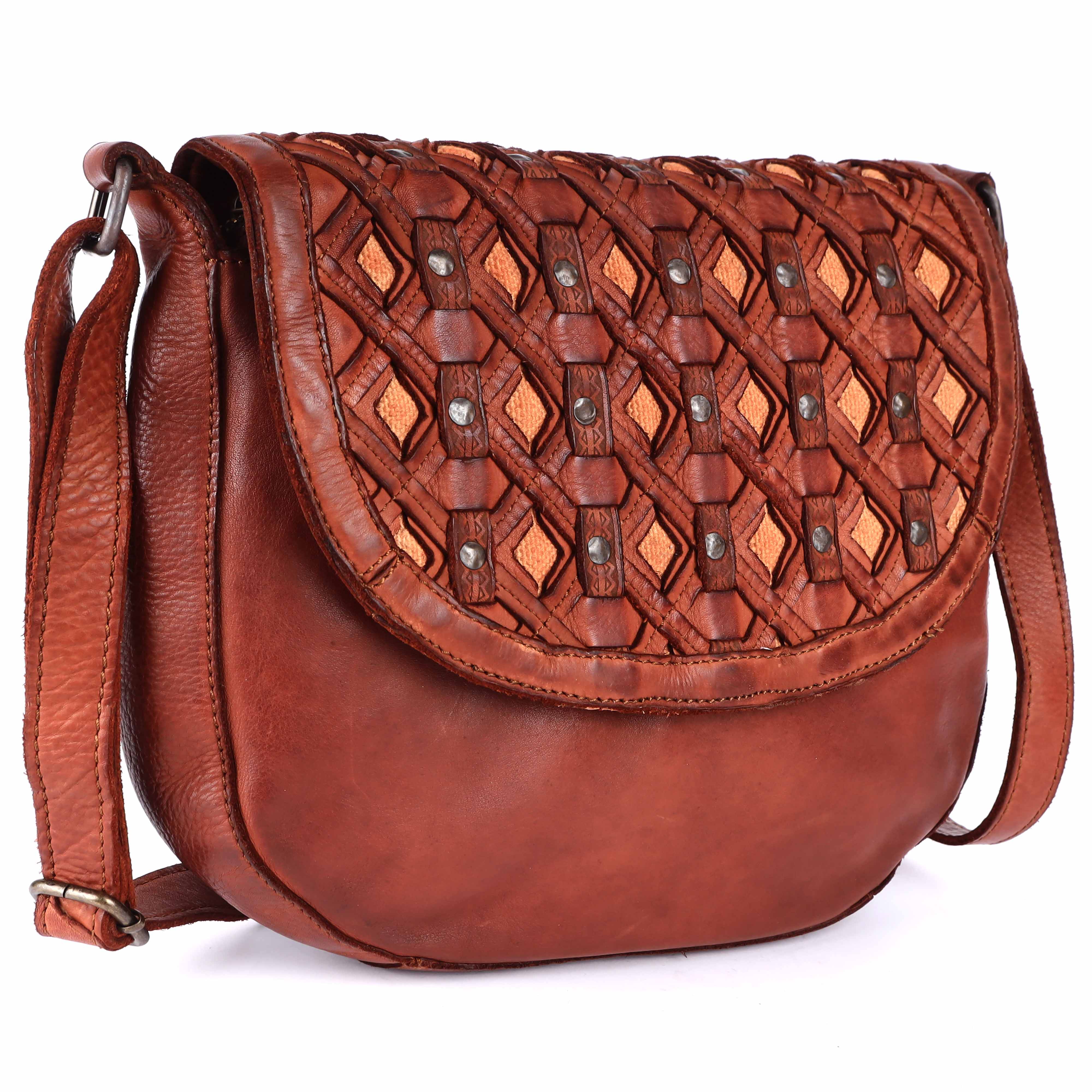 KOMPANERO Italian Woven Cognac Leather Tote Bag CROSSBODY