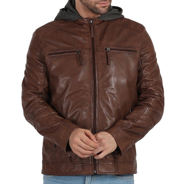 Tan Leather Jacket with Hood